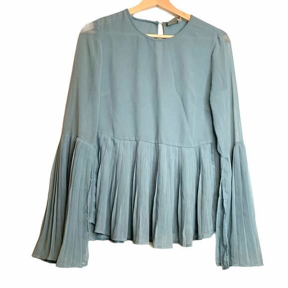 ASOS Pleated Blouse Turquoise Blue / Green Top Peplum Hem Semi Sheer Flared Sz 2 - Picture 1 of 12